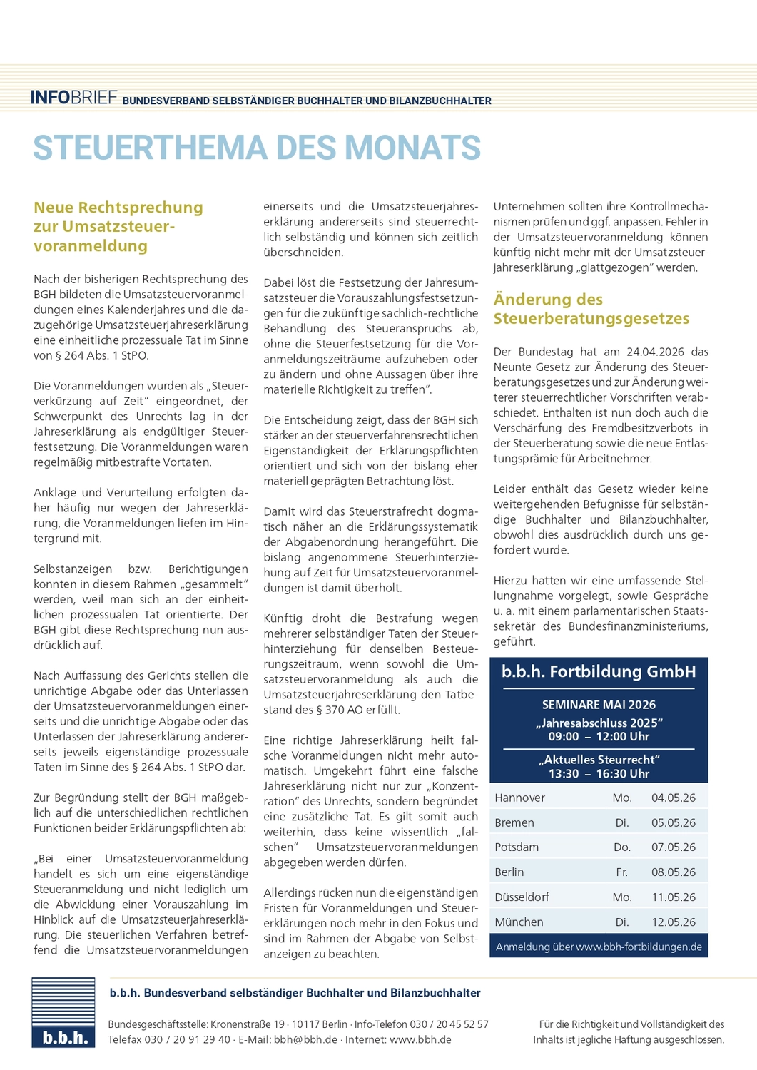 Logo Kanzlei LL.B., LL.M., MDE, StFA - Unternehmensberatung, Laufende Buchführung und Lohnabrechnungen - Artikel
